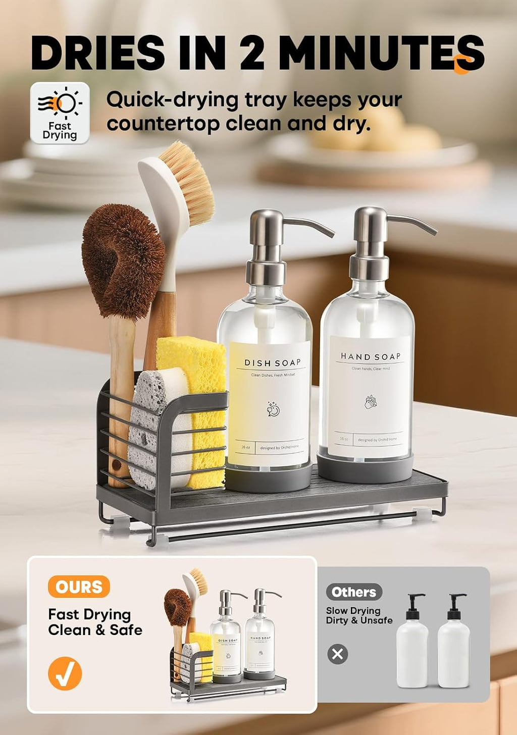 Kitchen Soap Dispenser Set with Drying Tray – 16oz Glass Bottles with Stainless Steel Pumps, Sink Organizer Caddy with Brush Holder & Non-Slip Feet – All-in-One Dish & Hand Soap Station
