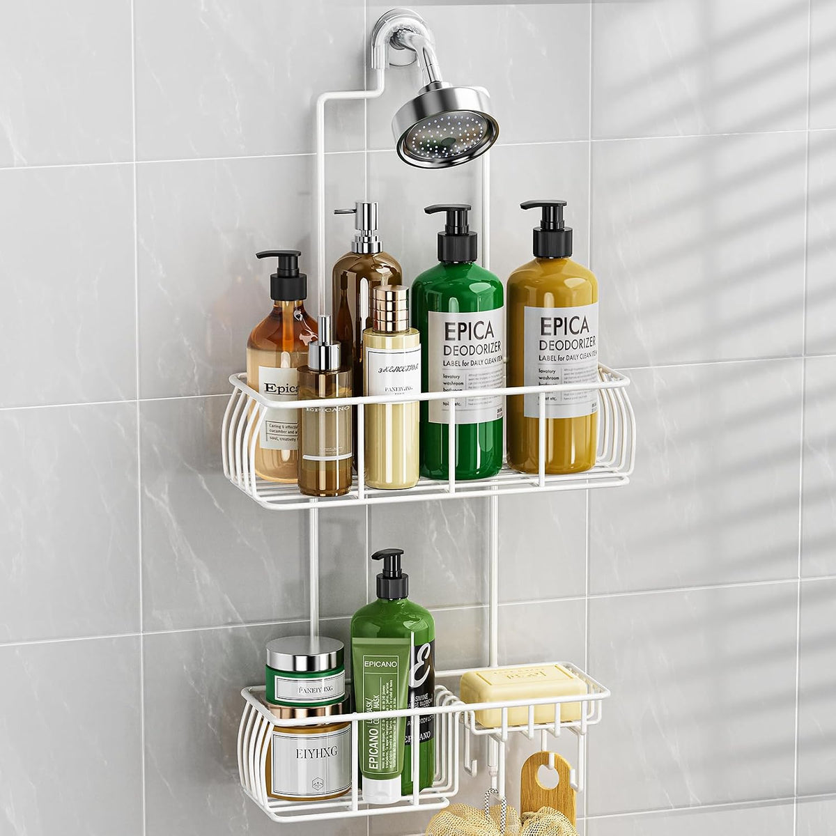 Epicano Shower Caddy Hanging Over Head, White,Stainless Steel