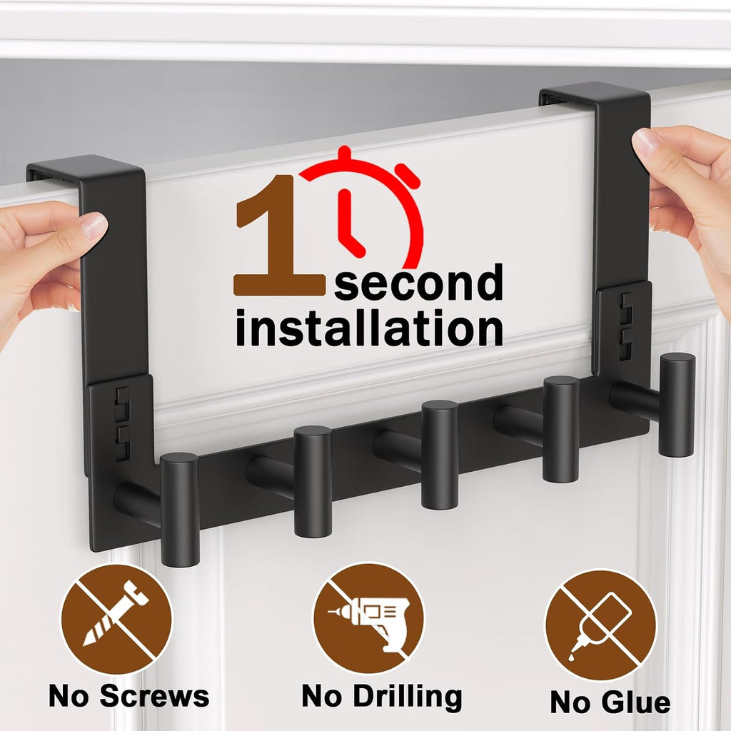 Stainless Steel Over The Door Hooks Heavy Duty, Bathroom Towel Holder Door Mount Coat Rack Towel Rack for Bedroom, Doors Hangers Towel Hooks for Bathroom Dorm Essentials (1 Pack,Black-5 Hooks)