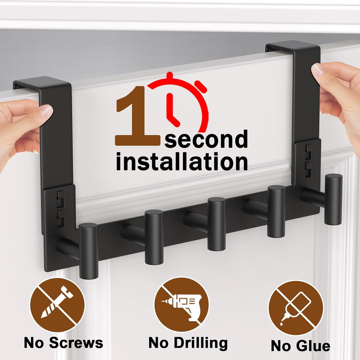Stainless Steel Over The Door Hooks Heavy Duty, Bathroom Towel Holder Door Mount Coat Rack Towel Rack for Bedroom, Doors Hangers Towel Hooks for Bathroom Dorm Essentials (1 Pack,Black-5 Hooks)