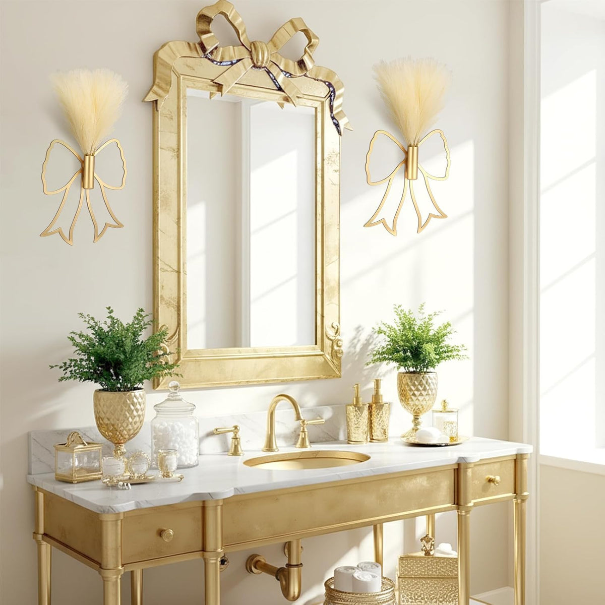 Weysat 2 Pcs Gold Bow Metal Wall Decor Art with Pampas Boho Wall Decor