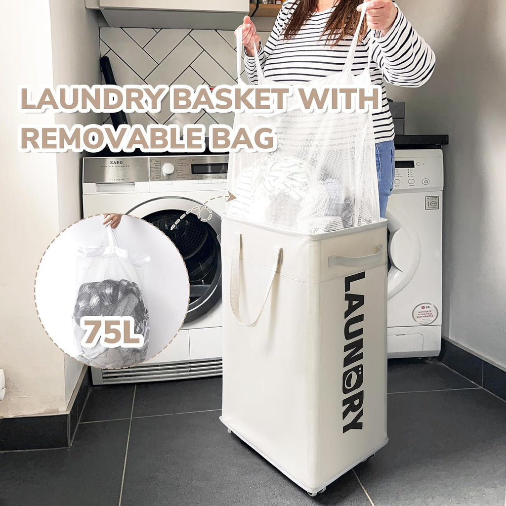 CHICVITA 75L Laundry Basket with Wheels & Handle 2-Pack, Wash Bags, White