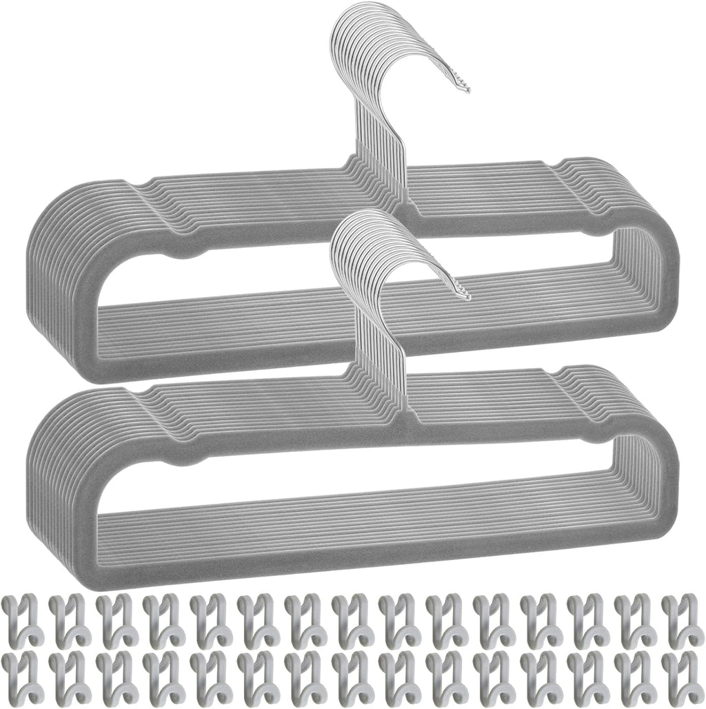 Pants Hangers Space Saving, 30 Pack Velvet Hangers for Closet with 30 Hooks, Strong Durable Non Slip Slim Clothes Hanger, Ultra Soft Flocked Hanger for Pants, Shirts, Bra, Shorts (Grey)