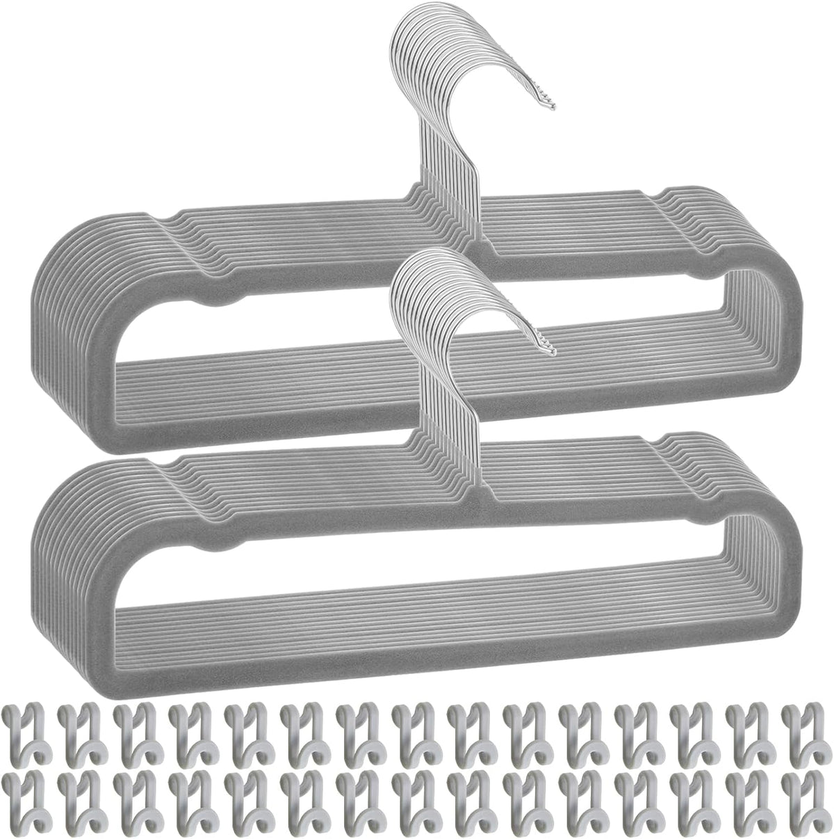 Pants Hangers Space Saving, 30 Pack Velvet Hangers for Closet with 30 Hooks, Strong Durable Non Slip Slim Clothes Hanger, Ultra Soft Flocked Hanger for Pants, Shirts, Bra, Shorts (Grey)