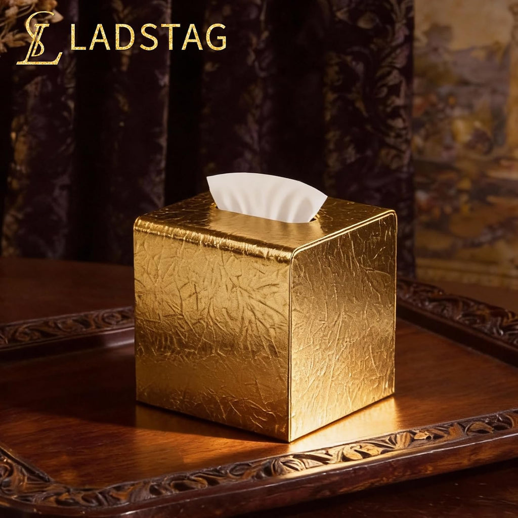 Gold Tissue Box Cover,Tissue Box Holder with Magnetic Bottom, Decorative Tissue Box for Vanity Toilet Tank Dresser Night Stand Table Countertop Office Car