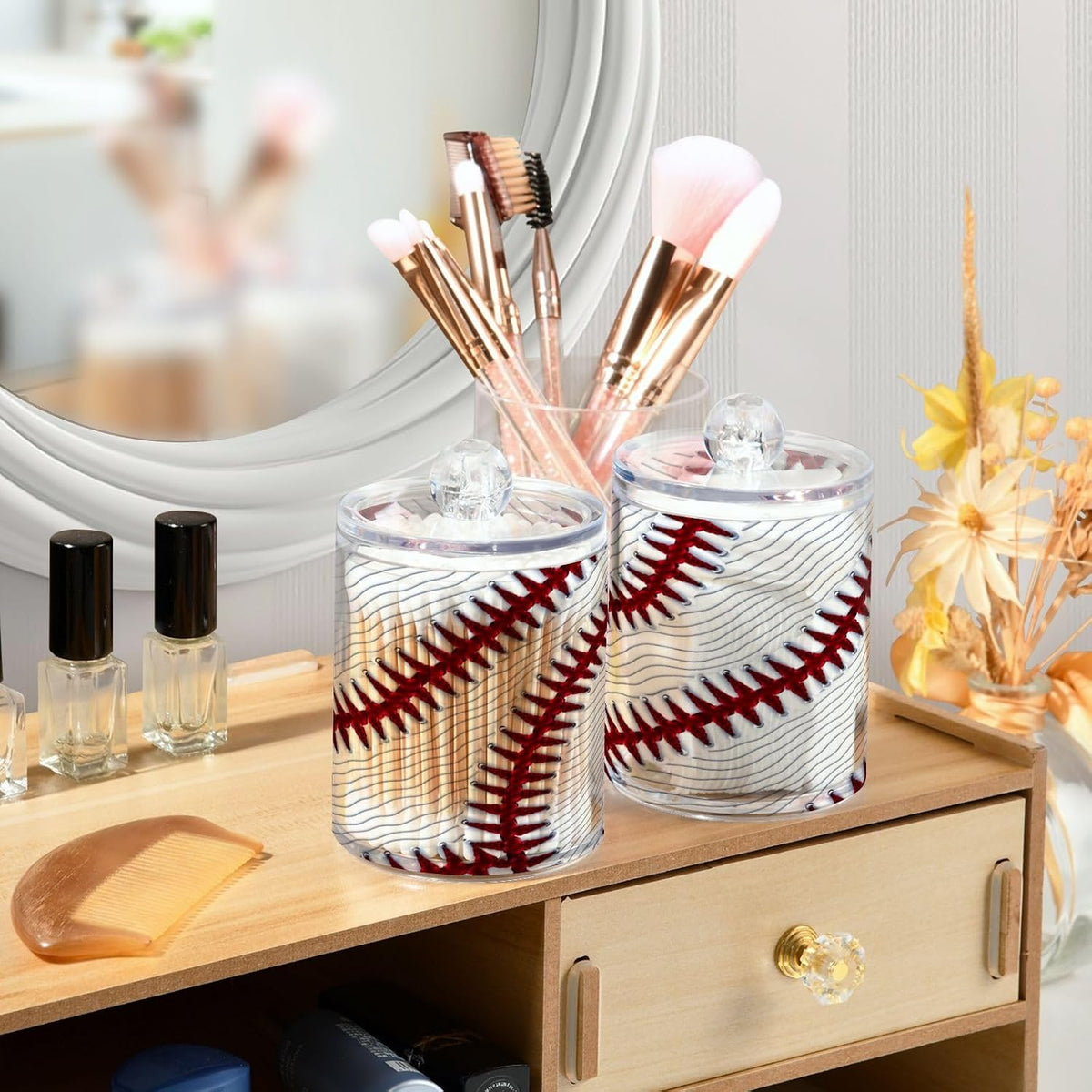 Sport Baseball Print 2 Pack Qtip Holder Dispenser Clear Plastic Apothecary Jar with Lid Bathroom Organizer Vanity Makeup Storage Containers for Cotton Ball, Cotton Swab, Floss