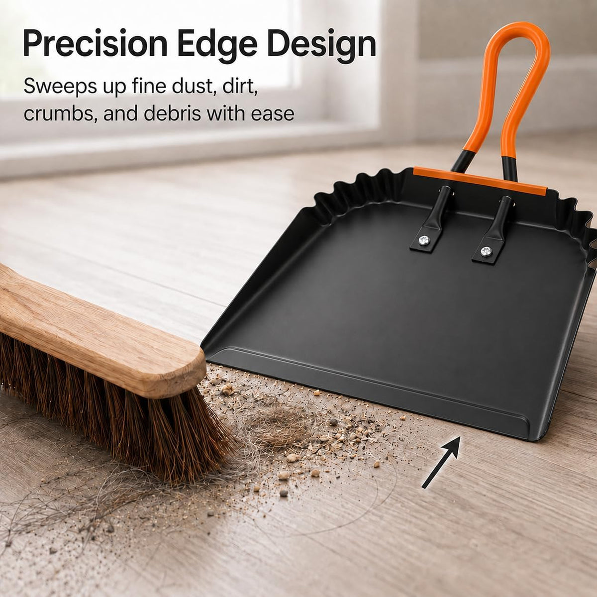 17” and 12” Heavy-Duty Metal Dustpans and Brush Set with Rubber Lip Edge