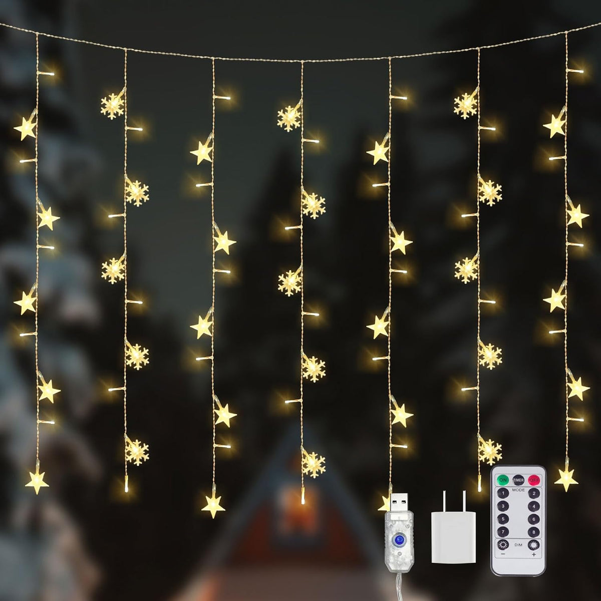 Newhale 8 Modes Christmas Curtain String Lights with Snowflake and Star, USB Plug in Wall Lights Christmas Decorations Indoor, Xmas Window Light Decor, Warm White