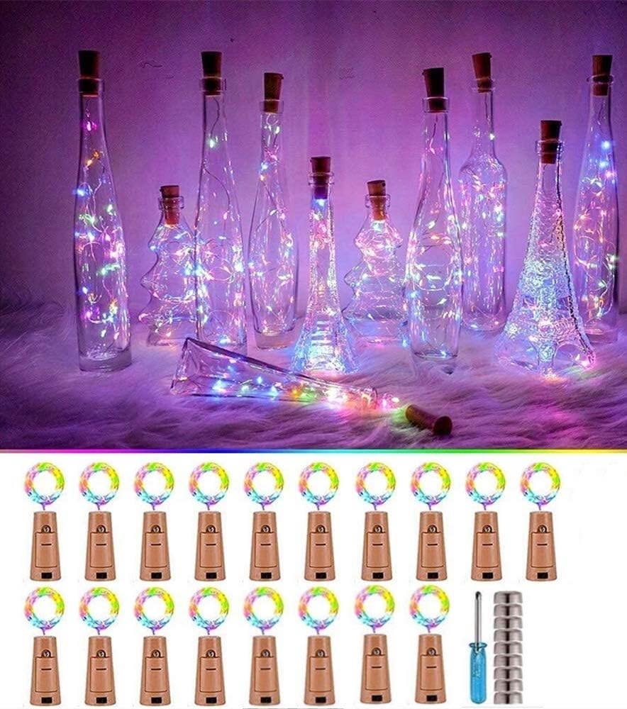 SunKite Wine Bottle String Lights with Cork,18 Pack 20 LED 2M Battery Operated Mini Silver Copper Wire Fairy Lights for DIY Party Wedding Table Centerpieces Decor (Colorful)