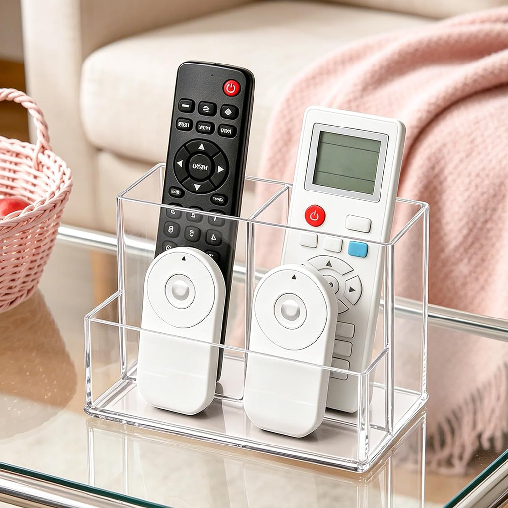 Vowcarol Clear Acrylic Remote Control Holder, 3 Compartments (2 Tall + 1 Low), Small Footprint, Tabletop Storage for TV, AC & Small Items