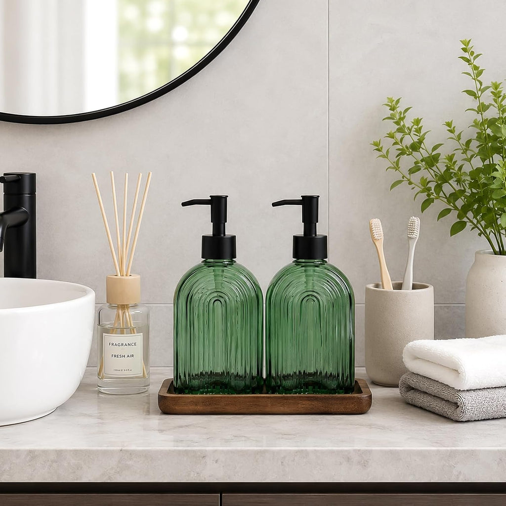 Glass Soap Dispenser Set with Wooden Tray, 11.6Oz Refillable Liquid Modern Soap Dispenser with Plastic Pump for Hand and Dish Set for Bathroom Countertop Decor (Green)
