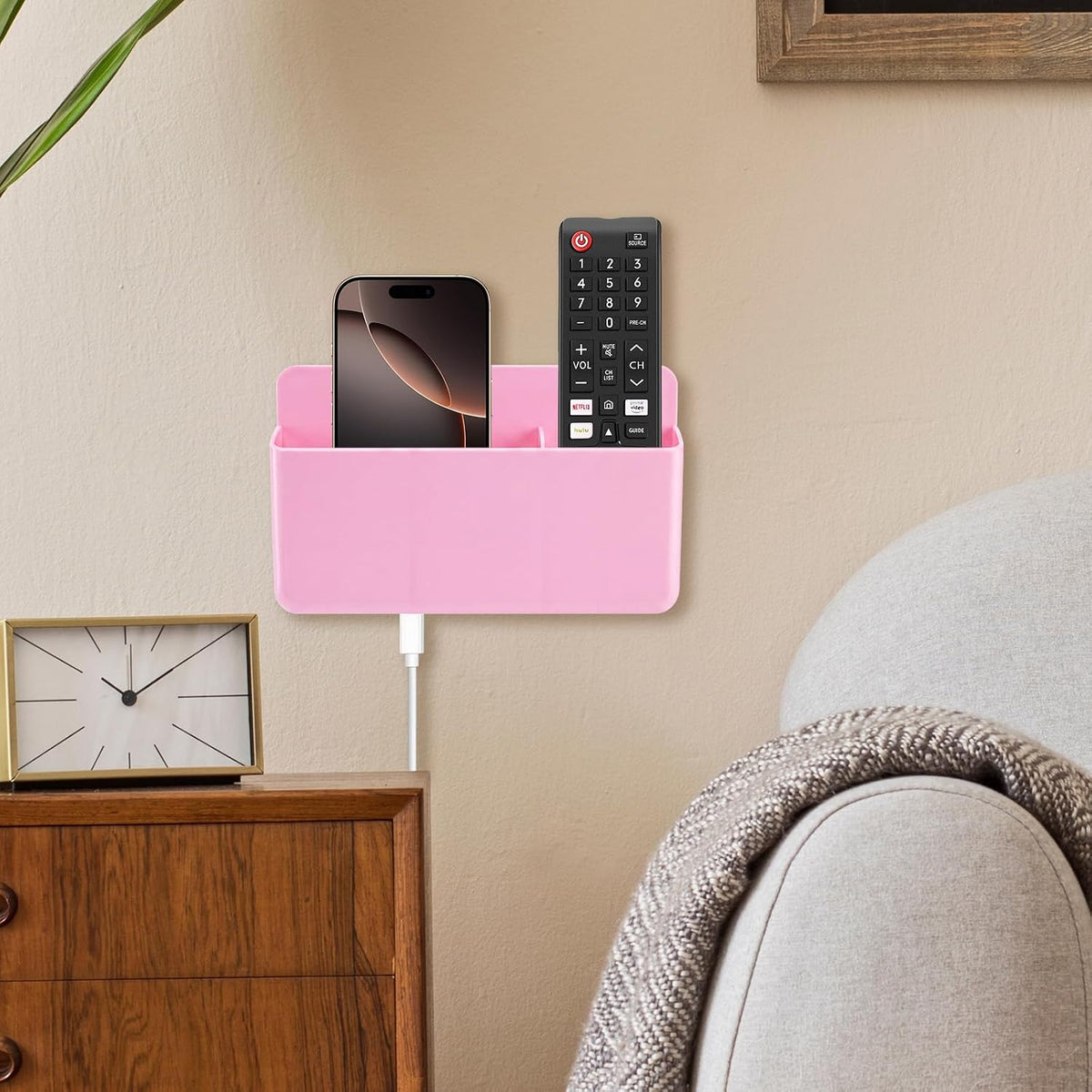 3 Slot Adjustable Remote Control Holder Wall Mount, TV Remote Box Hollow Bottom Slot Easy Phone Charging, Self Adhesive Remote Holder,Wall Pen Holder Storage Accessories for Home Office School (Pink)
