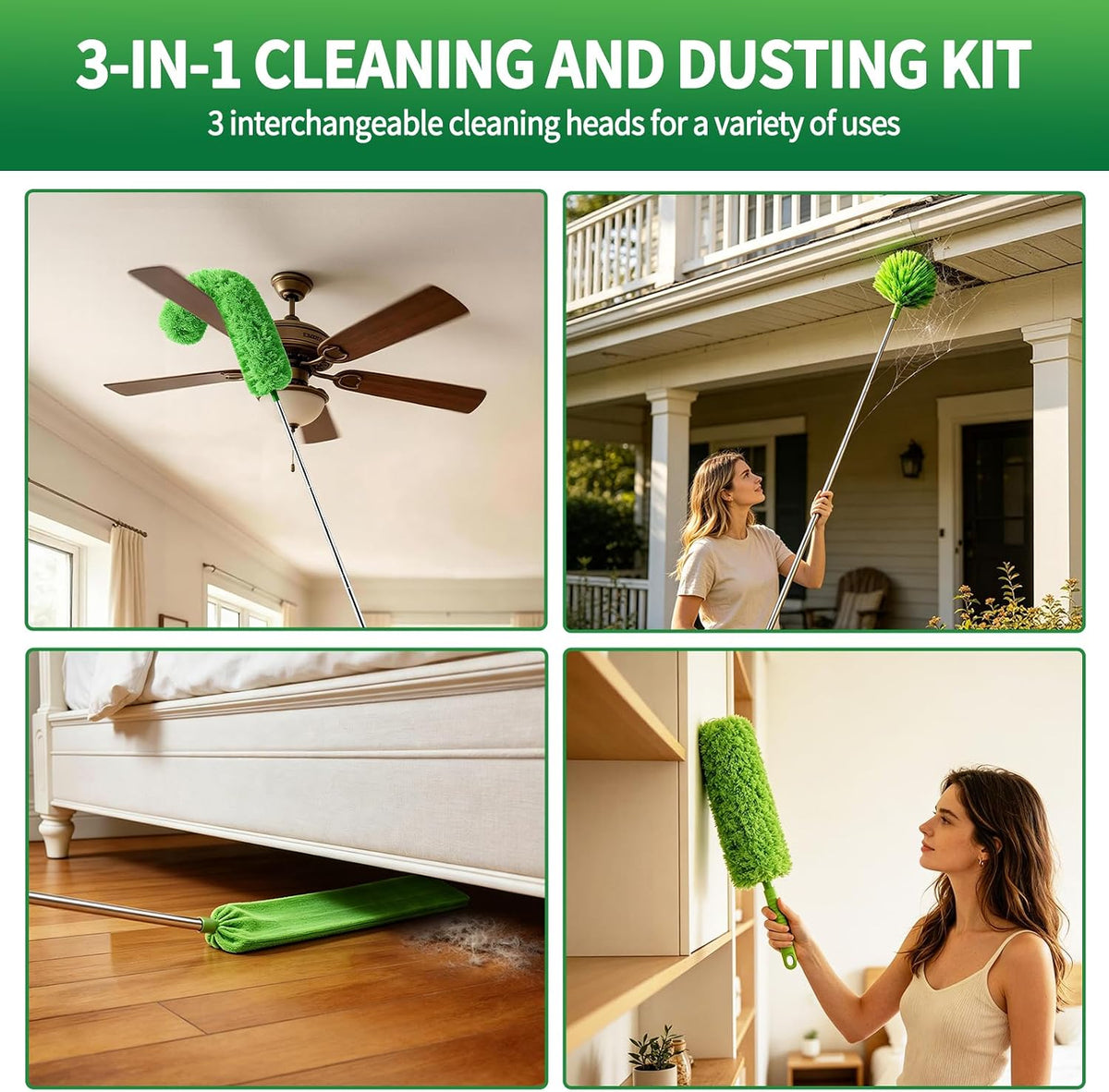 Cobweb Duster with Extension Pole, Washable Cleaning Duster Kit with 3 Duster Heads,15-110-Inch Telescoping Pole for high Ceiling Fans Duster,Crevice Brush, Corner Brush，Spider Web Brush