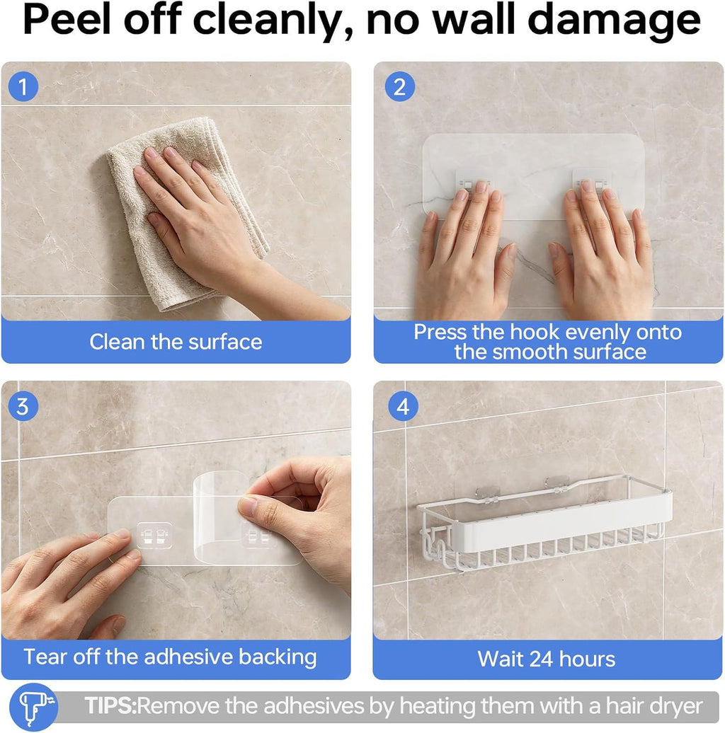 KINGRACK Shower Caddy Adhesive 4-Piece Rust-Resistant Shower Shelves, No-Drill Bathroom Shower Organizer with Large Capacity for Bathroom, Kitchen, and Laundry,White