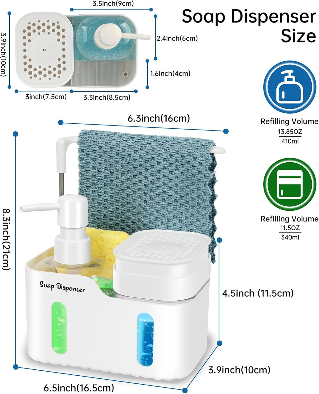 Hand Soap and Dish Soap Dispenser Set for Kitchen, Dual Soap Dispenser with Sponge Holder and Dishcloth Holder 4-in-1 Organizer for Kitchen Sink Countertop, Useful Kitchen Gadgets (White)