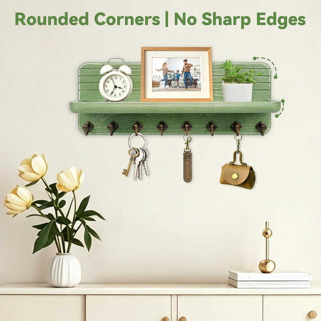 Key Holder for Wall, Mail Organizer Wall Mount with 8 Hooks Wooden Hanging Key Rack for Home Decor, Hallway, Entryway (Dark Green)