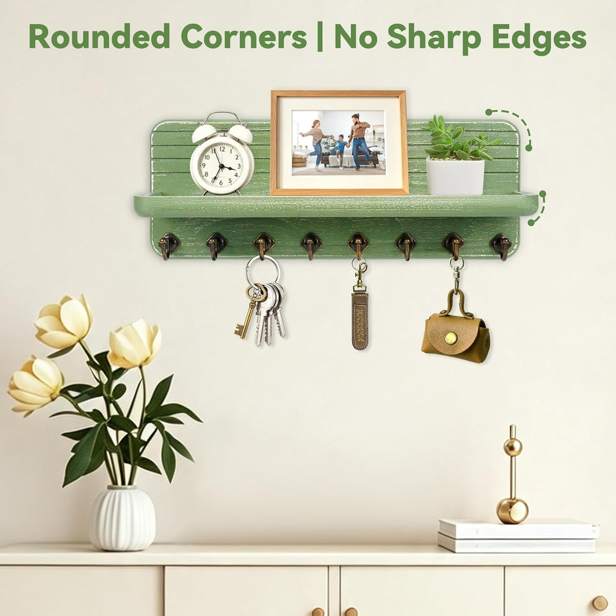 Key Holder for Wall, Mail Organizer Wall Mount with 8 Hooks Wooden Hanging Key Rack for Home Decor, Hallway, Entryway (Dark Green)