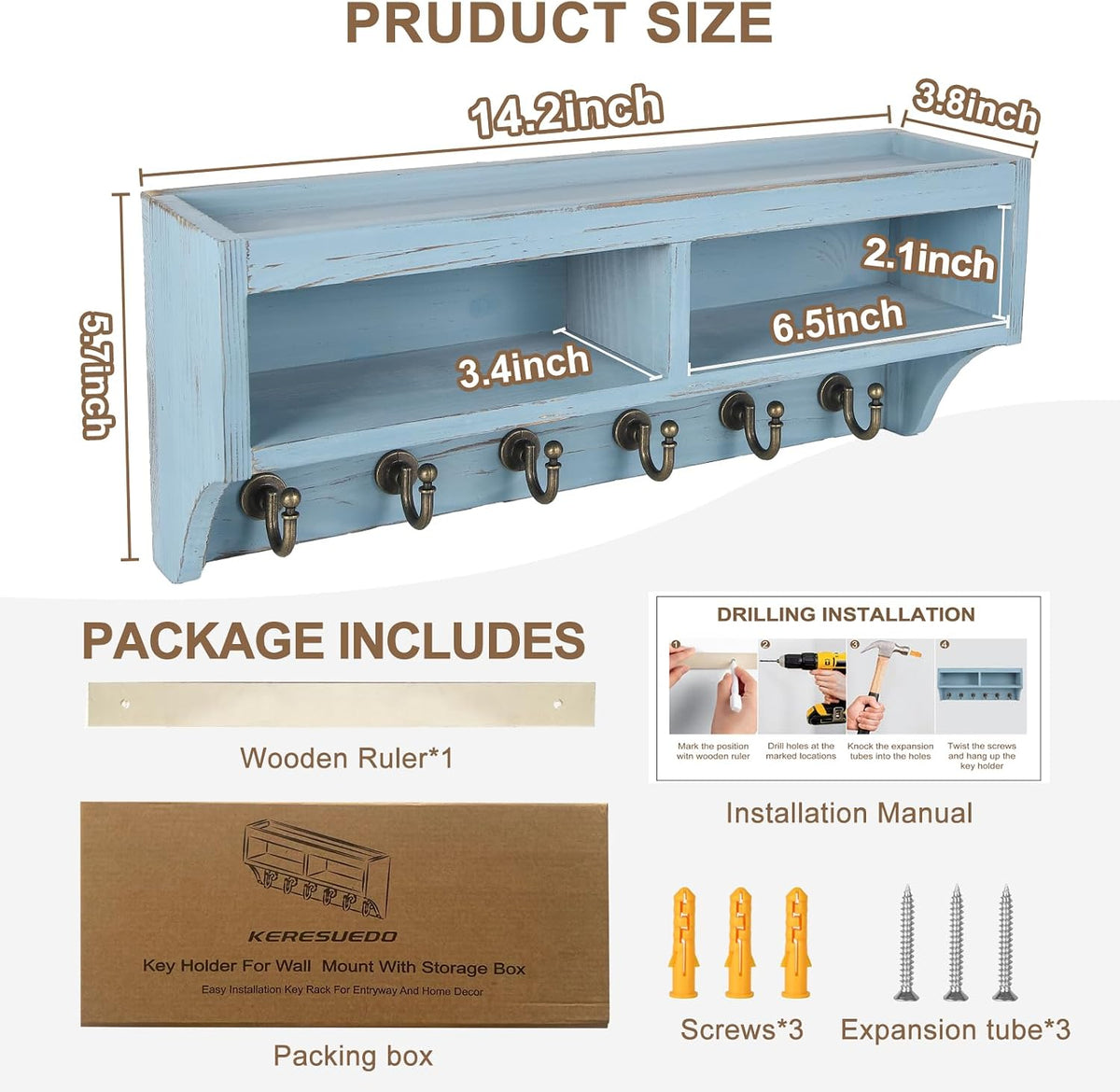 Key Holder Wall Mount with Mail Organizer, 6 Hooks & Shelf, Blue