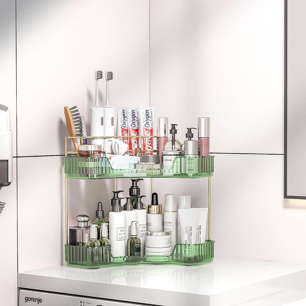 2 Tier Corner Bathroom Organizer Countertop, Vanity Makeup Organizer with Brush Holder, Space-Saving Skincare Storage Corner Shelf for Bathroom, Dressing Table, Kitchen