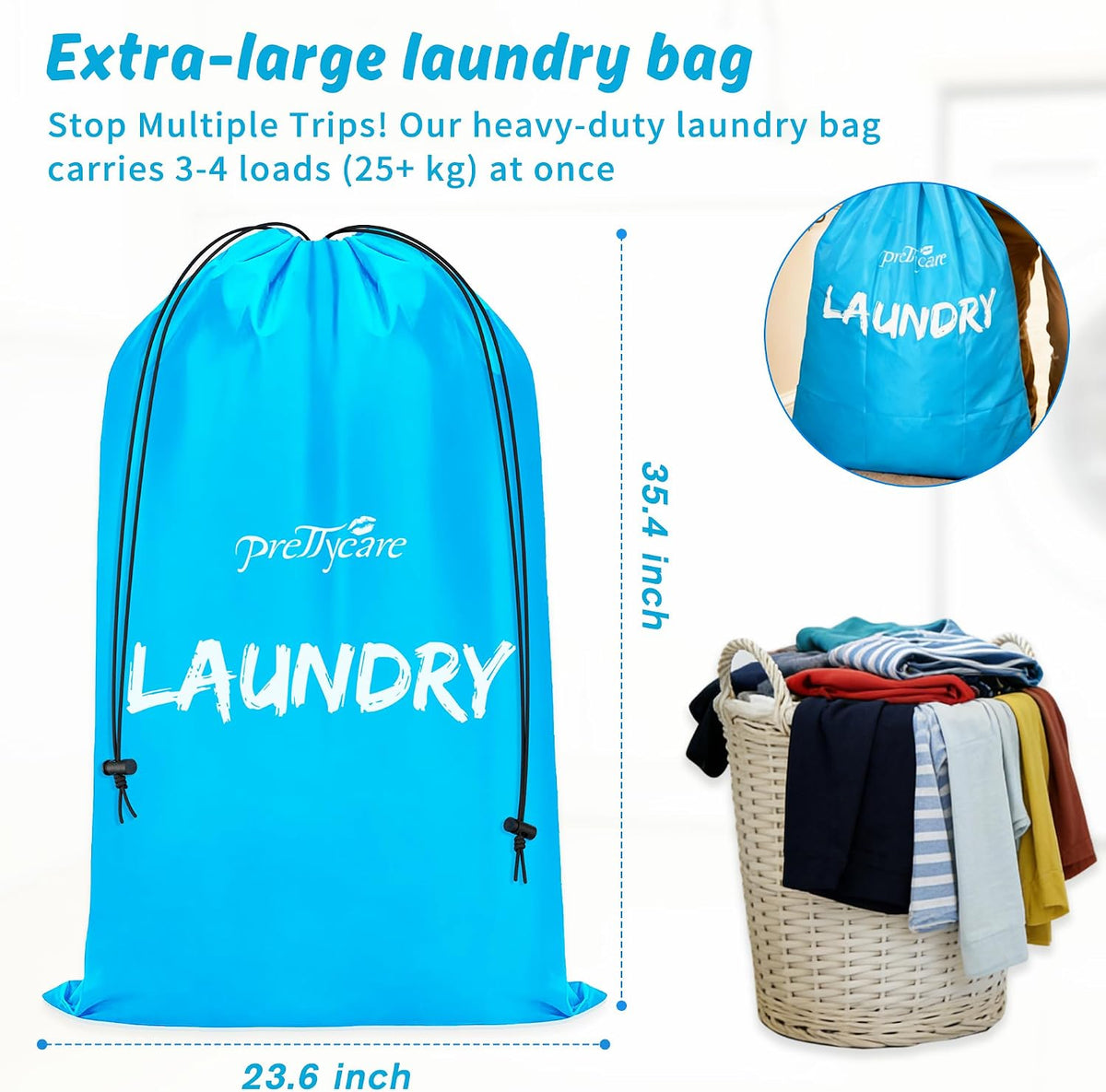 PrettyCare 2 XL (35.5 x 23.6 in) Travel Laundry Bags for Delicates, Washable Dirty Clothes Organizer - Easy to Hold 4 Loads of Laundry, Large Enougha for Laundry Hamper or Basket Travel Essentials
