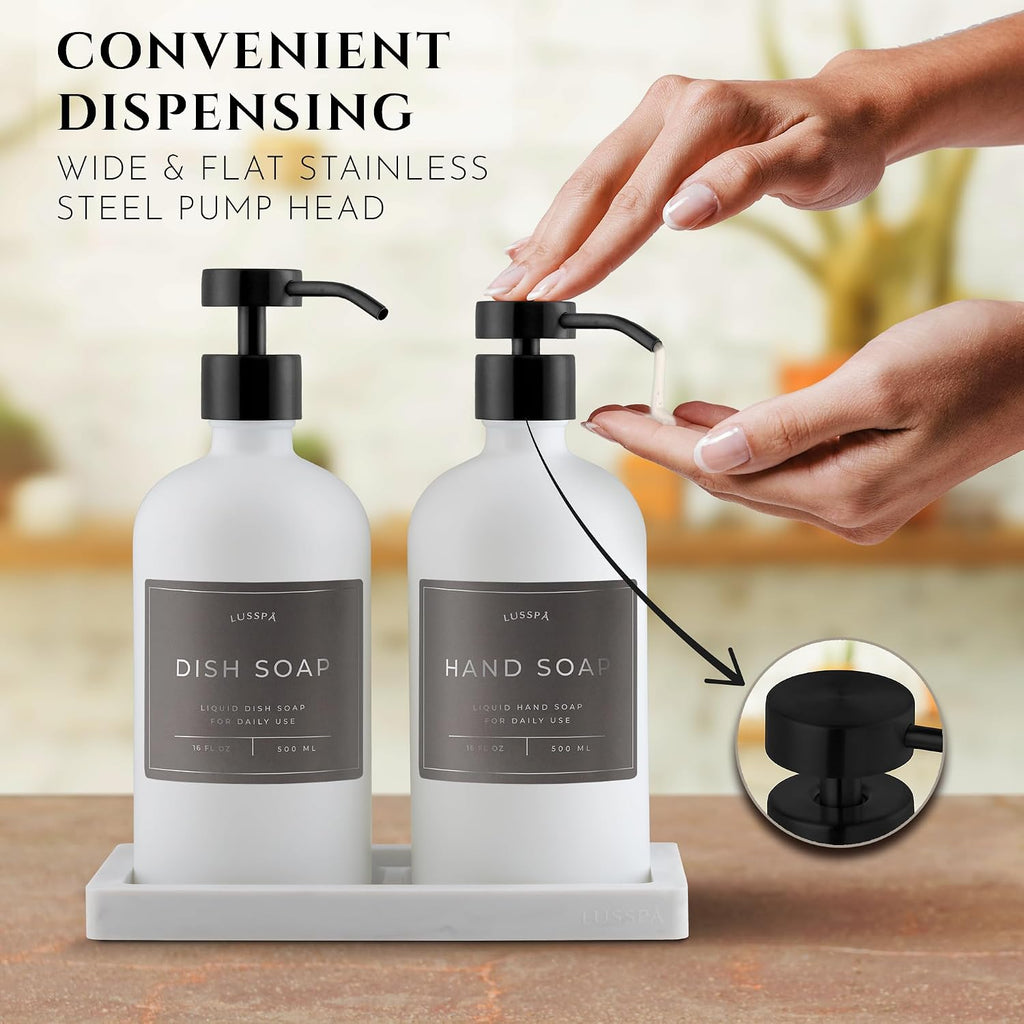 Glass Soap Dispenser Set of 2 (White) with Silicone Tray | Hand and Dish Soap Dispenser for Kitchen and Bathroom | 16.8 Oz Glass Bottles with Stainless Steel Pump & 15 Waterproof Labels (White/Black)