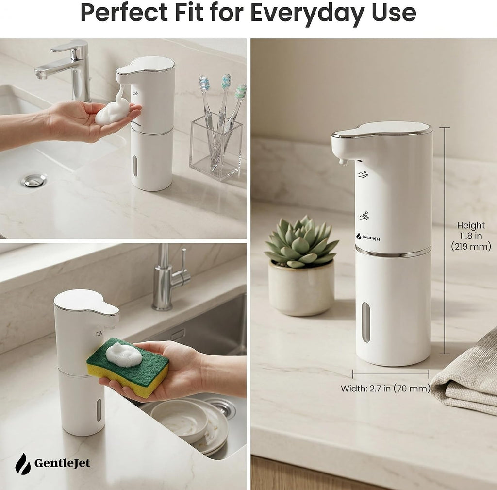 GentleJet JetFoam Automatic Foam Soap Dispenser Touchless Sensor, USB-C Rechargeable, Adjustable Output, IPX5 Waterproof, 300 ml, Bathroom & Kitchen Countertop