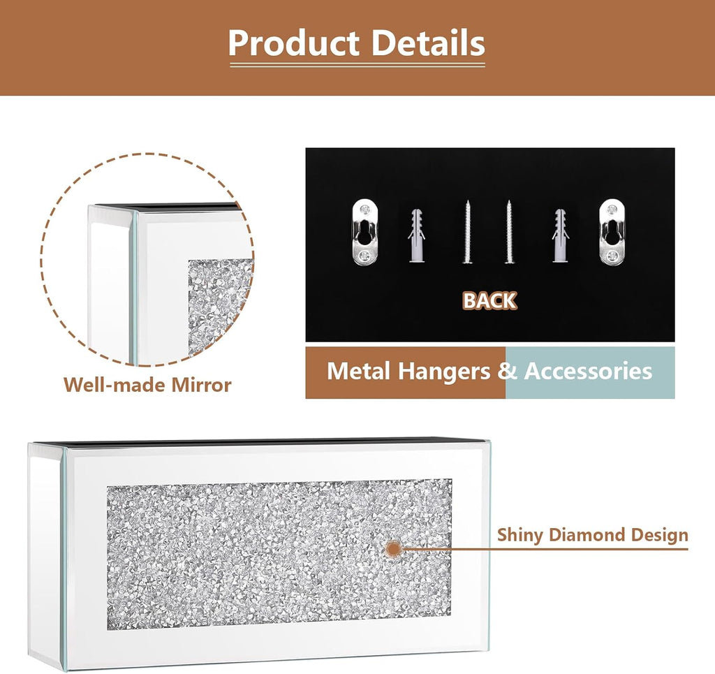 Mirrored Remote Control Holder - Remote Holder Wall Mount with Sparkling Crush Diamond for Living Room & Bedroom, Phone TV Remote Organizer Storage Décor, Silver