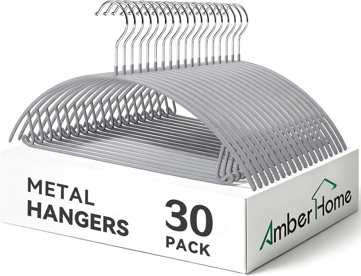Amber Home 30 Pack No Shoulder Bump Metal Hangers, Non Slip Rubber Coating