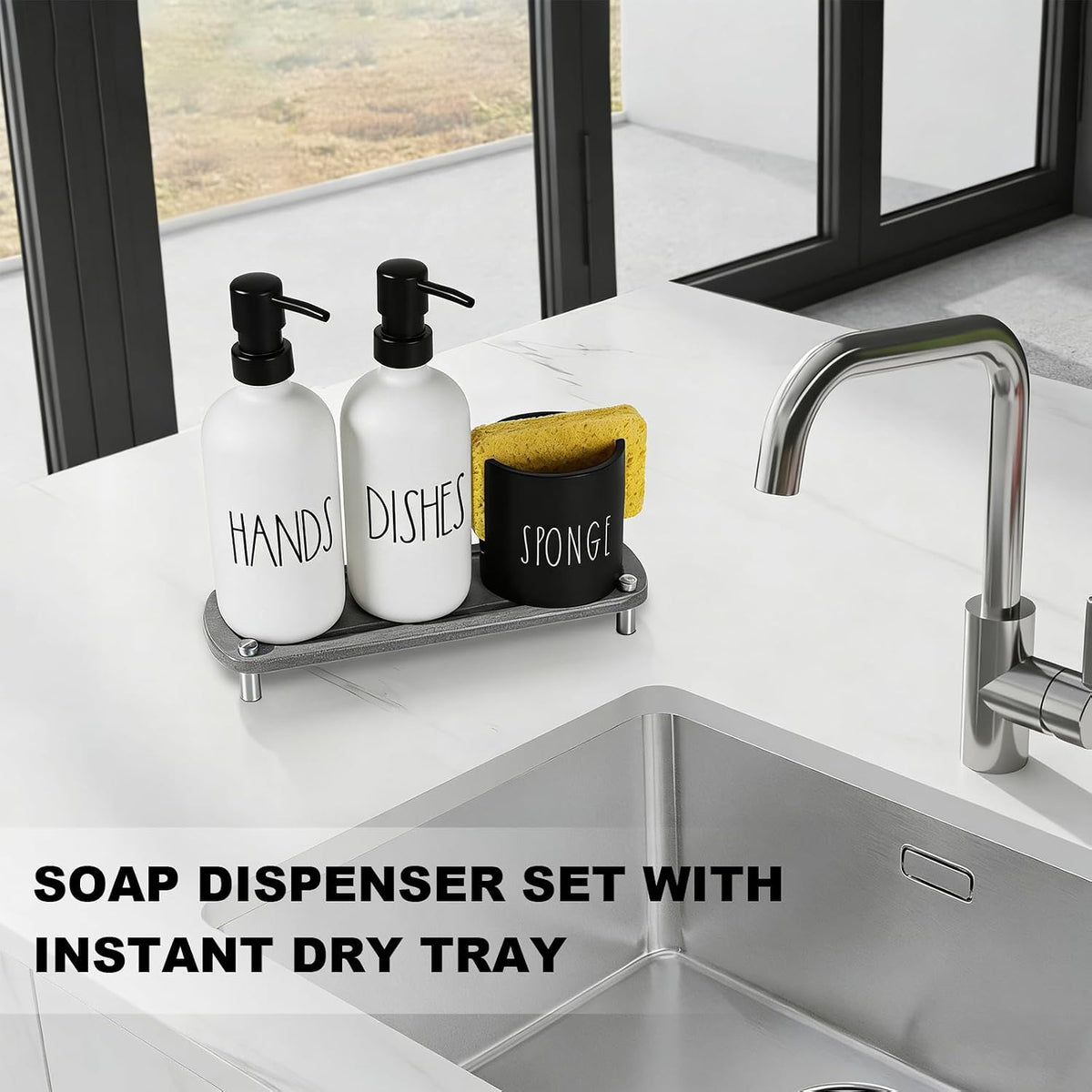 Hand and Dish Soap Dispenser Set, Kitchen Soap Dispenser Set with Sponge Holder, White Glass Dish Soap Dispenser for Kitchen with Pump, Instant Dry Tray, 17 fl oz Farmhouse Kitchen Decor