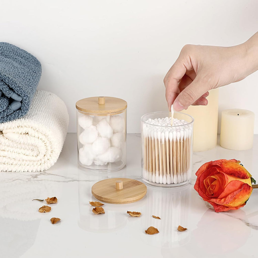 Hipiwe 2 Packs Acrylic Qtip Holder Clear Bathroom Dispenser with Lid Plastic Bathroom Canisters Round Apothecary Jar Set Cotton Swab and Ball Storage Organizer for Makeup Sponges, Bath Salts
