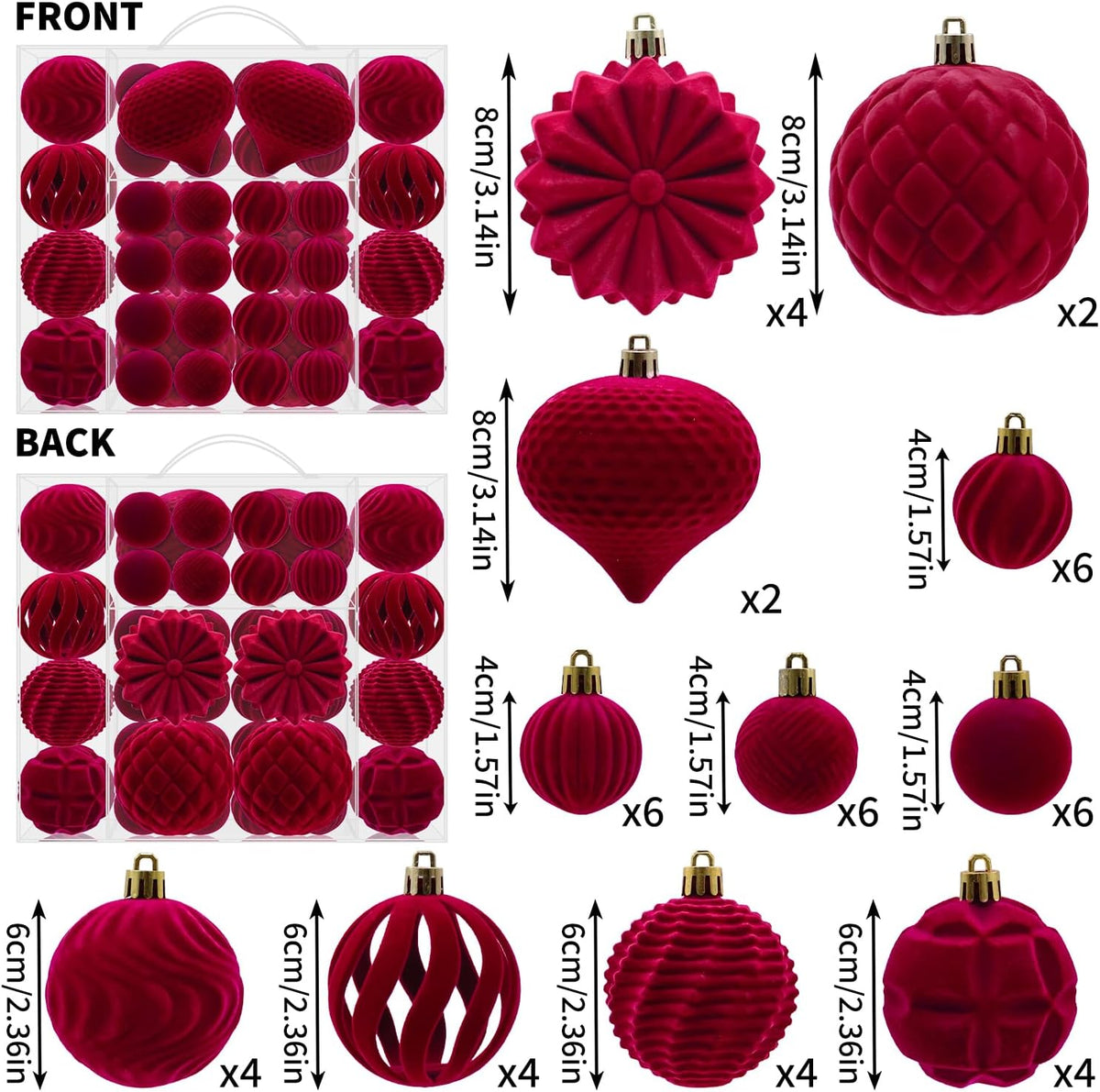 48PCS Velvet Christmas Ball Ornaments, Flocked Balls Xmas Tree Decorations, Shatterproof Christmas Hanging Ornaments Set, Assorted Styles in 1.57/2.36/3.15Inch, Velvet Burgundy
