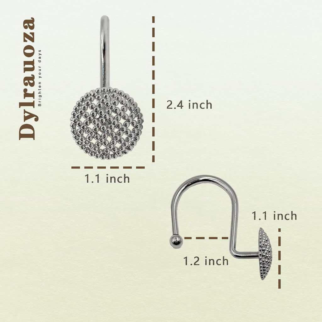 Silver Shower Curtain Hooks, 12 Pack Modern 3D Beaded Decorative Shower Curtain Rings, Rust Proof Heavy Duty Metal Shower Hangers for Bathroom Rods