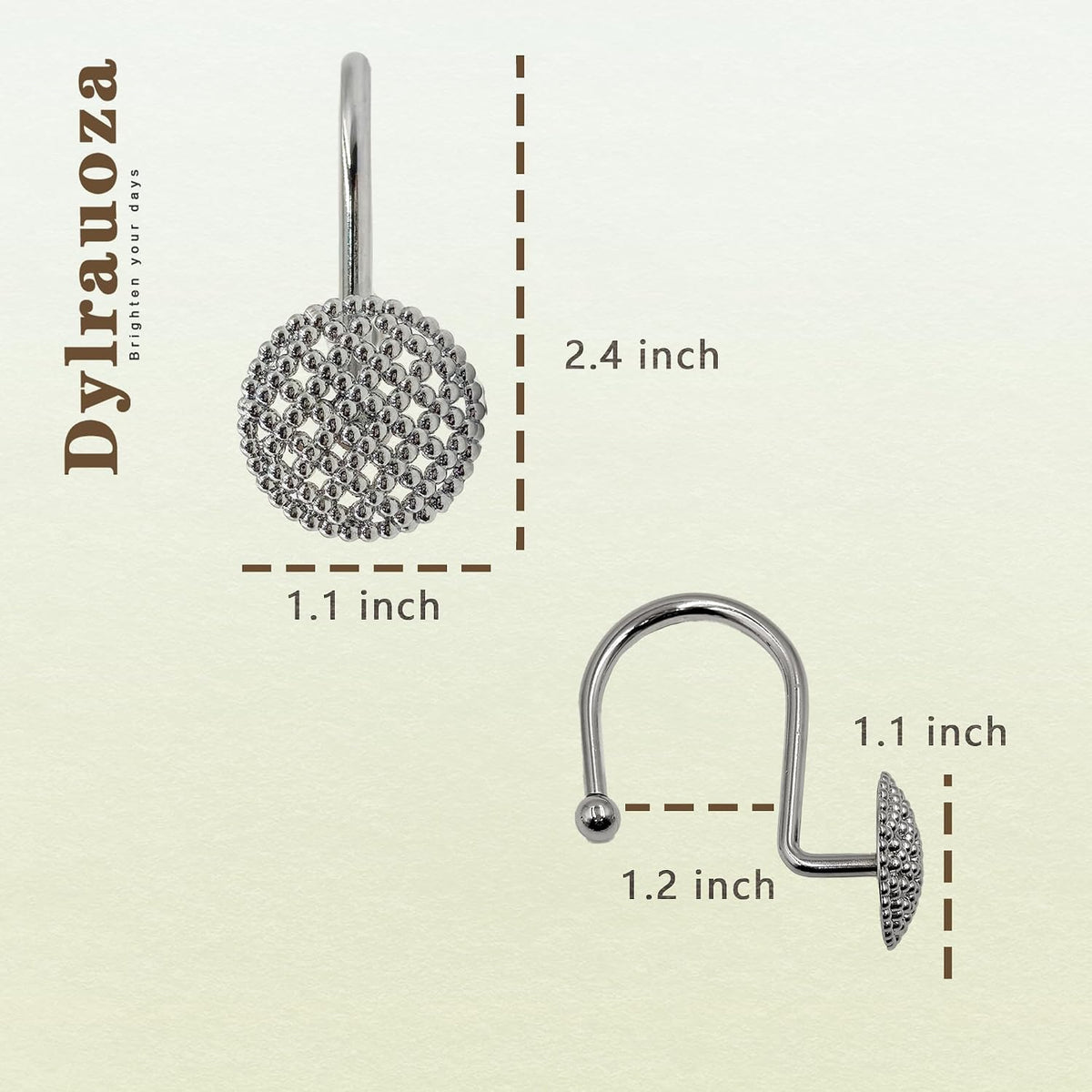 Silver Shower Curtain Hooks, 12 Pack Modern 3D Beaded Decorative Shower Curtain Rings, Rust Proof Heavy Duty Metal Shower Hangers for Bathroom Rods