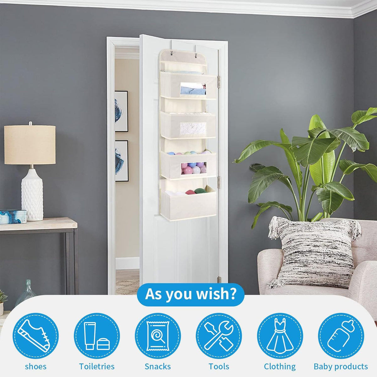 MAX Houser 4-Shelf Over The Door Hanging Organizer with 2 Metal Hooks,Beige