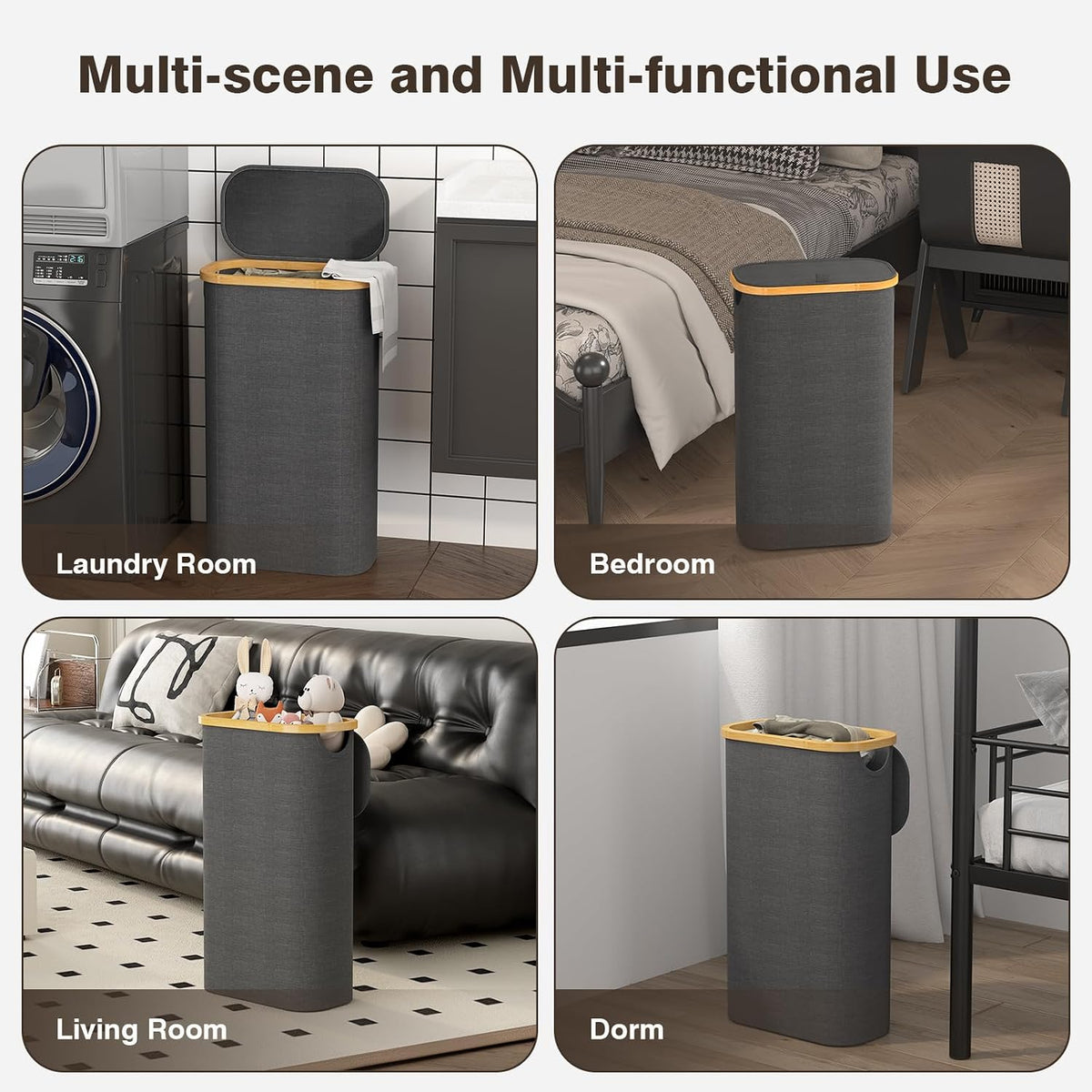 Bathola Slim Laundry Hamper with Lid, 75L Small Laundry Basket, Dark Grey