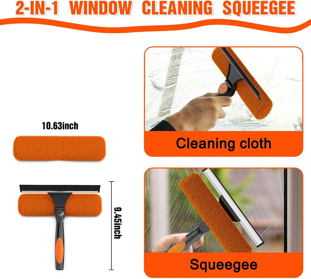 16FT Reach Window Squeegee Kit with Extension Pole, 2-in-1 Professional Washer for High Windows, 3-12FT Adjustable Reach, Rotatable Head for Indoor & Outdoor Use, Streak-Free Cleaning Tool for Home