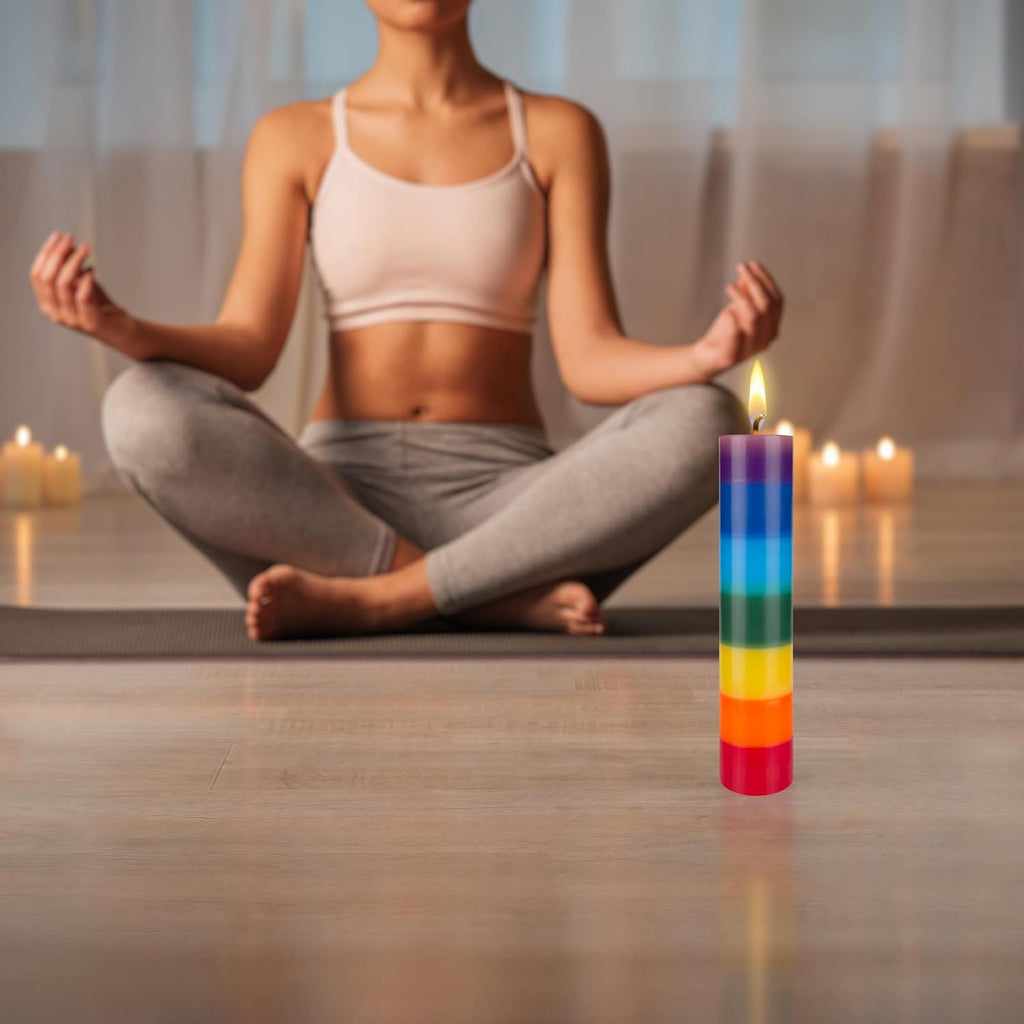 Mega Candles 1 pc Unscented Multi Color Solid Pillar Chakra Candles, Hand Poured Premium Wax Candle 2 Inch x 9 Inch, 100% Cotton Wick, Positive Healing Energy, Meditation, Relaxation, Reiki, Yoga