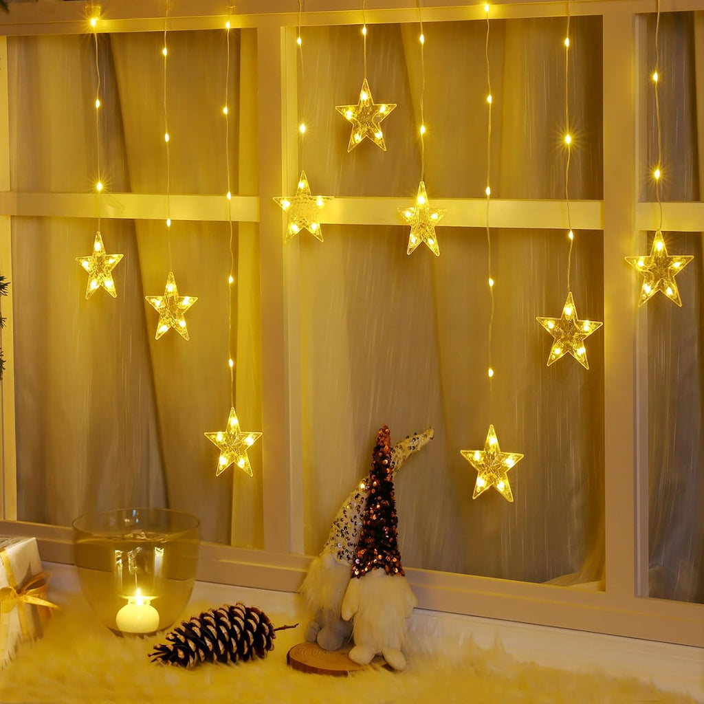 Marchpower 9 Stars Curtain Lights Warm White, IP65 Battery Operated Christmas Star Window Curtains with Timer & Memory Function, 76 LED String Lights with 8 Modes and 10 Hooks for Xmas Decor