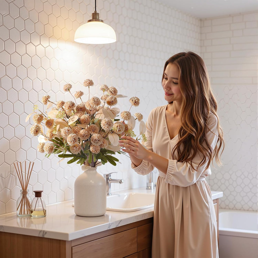Alupssuc 32 Pcs Beige Faux Silk Mums, Fake Chrysanthemum for Vase