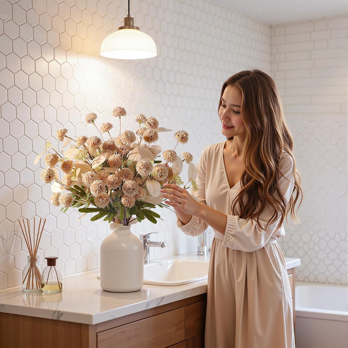 Alupssuc 32 Pcs Beige Faux Silk Mums, Fake Chrysanthemum for Vase