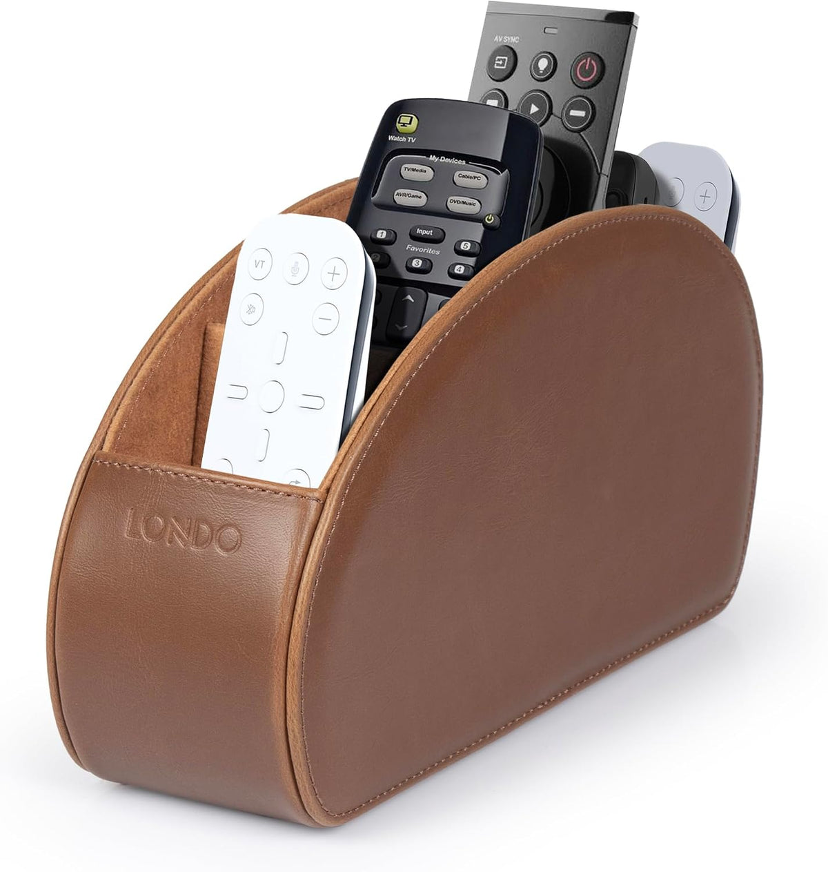Londo PU Vegan Leather Remote Control Holder with 5 Pockets, Nightstand Caddy & Bedside Organizer for TV, DVD, Blu-Ray, Roku, Apple TV Remotes, Phones, Glasses — Suede Lined Gift for Dad, Light Brown