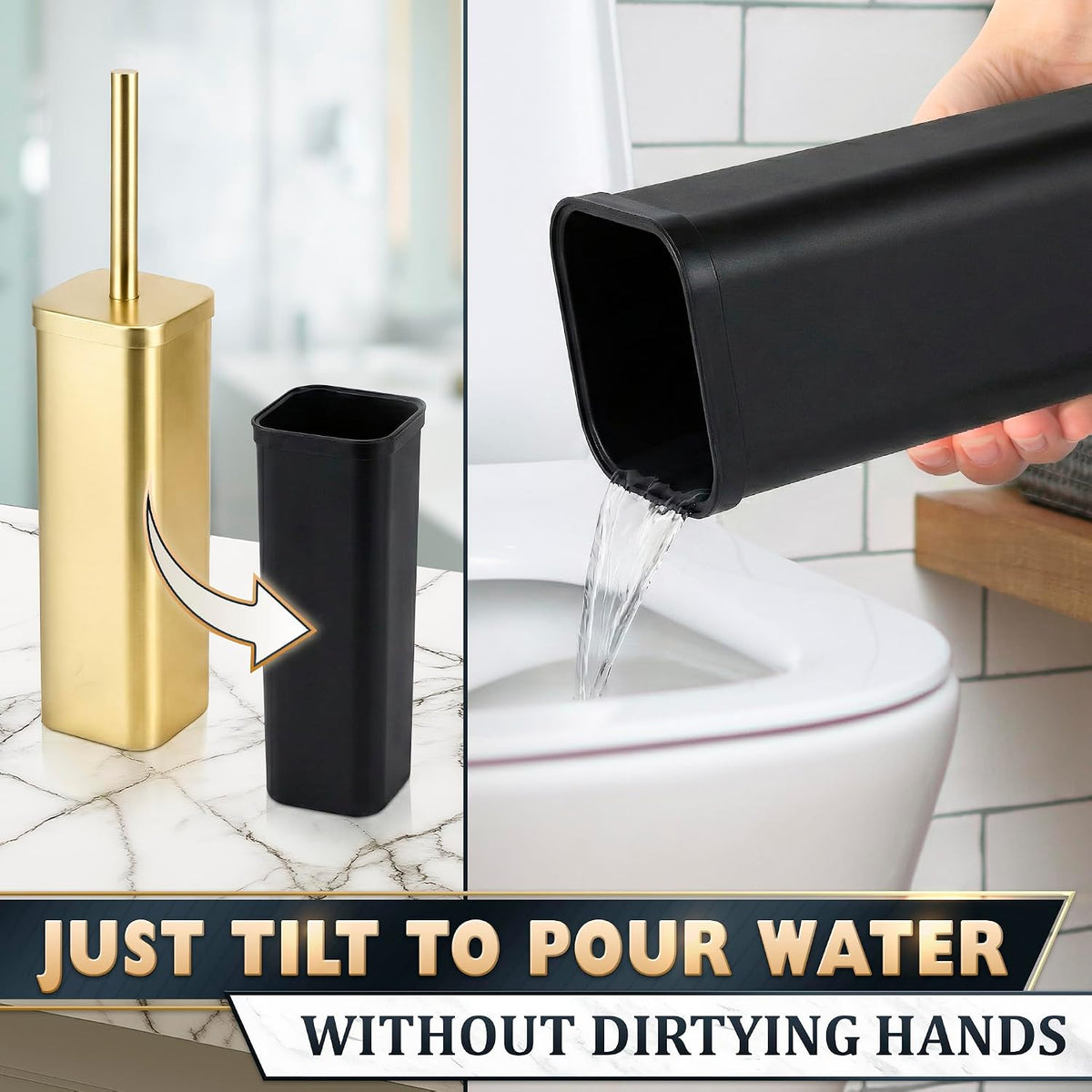 Gold Toilet Brush and Holder Set, Detachable Long Handle (Square)