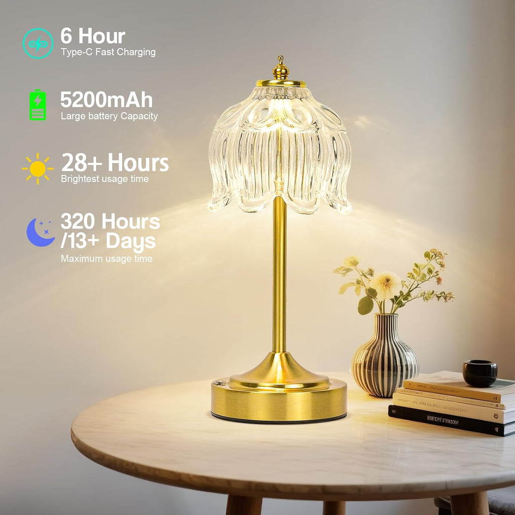 Cordless Table Lamp, Rechargeable Clear Glass Lotus Flower Lamp