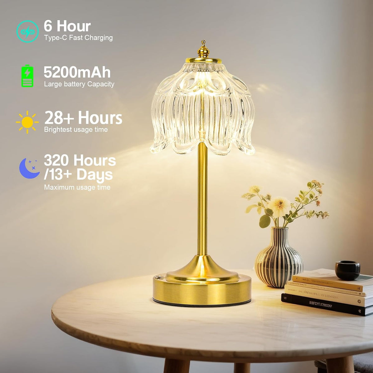 Cordless Table Lamp, Rechargeable Clear Glass Lotus Flower Lamp