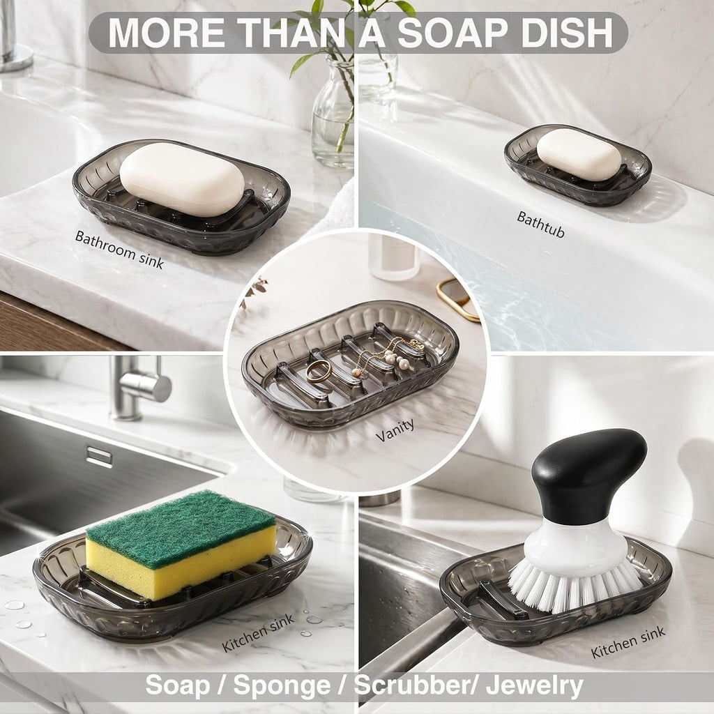 Smoky Gray Clear Soap Dish 3 Pack, Self Draining Bar Soap Holder with Raised Ridges, Modern Transparent Soap Tray for Bathroom Shower, Kitchen Sink, Bathtub, Quick Dry Soap Saver for Shower