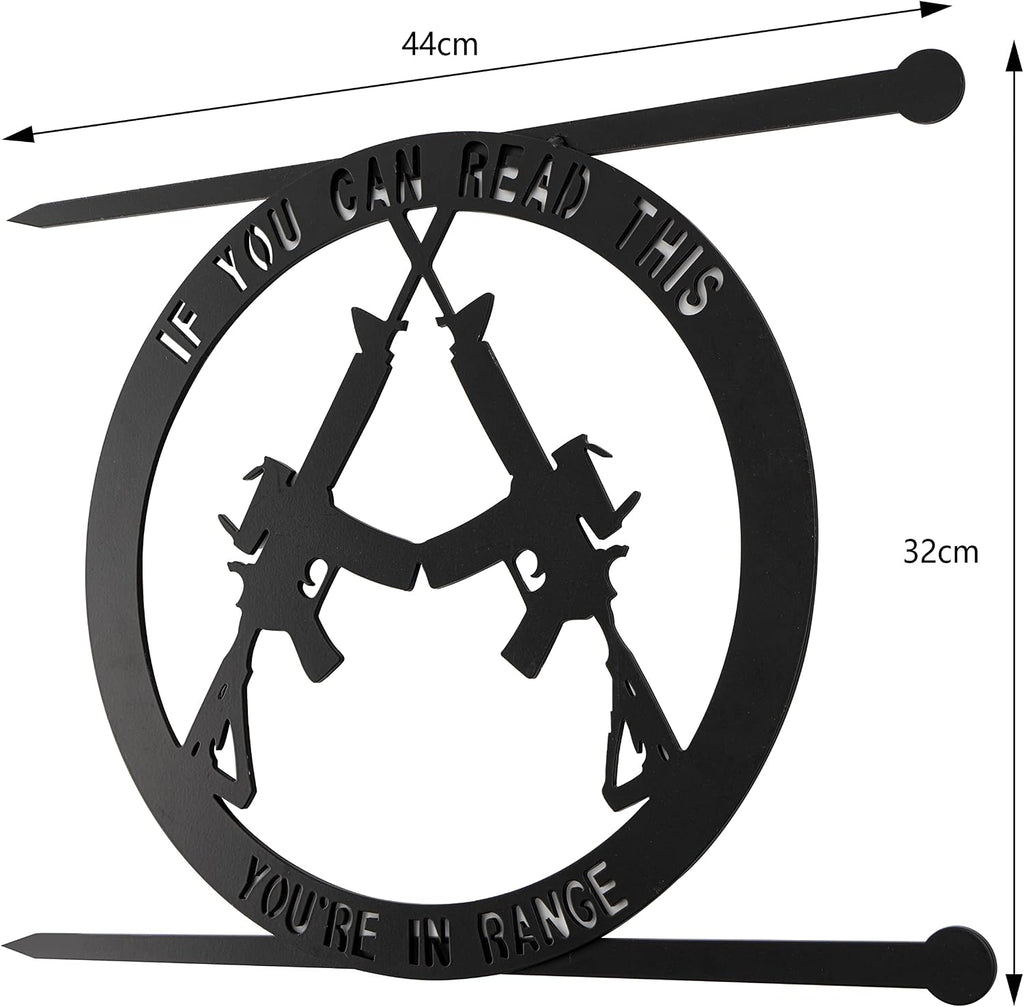 Metal No Trespassing Sign "You're In Range" Gun Metal Door, Wall or Tree Hanger Sign Decoration by GUTE - Wall Art - Outdoor/Indoor Monogram (12.5" Tall, 17.3" Wide, Black) - Hanger, Gun Owners (You're in Range)