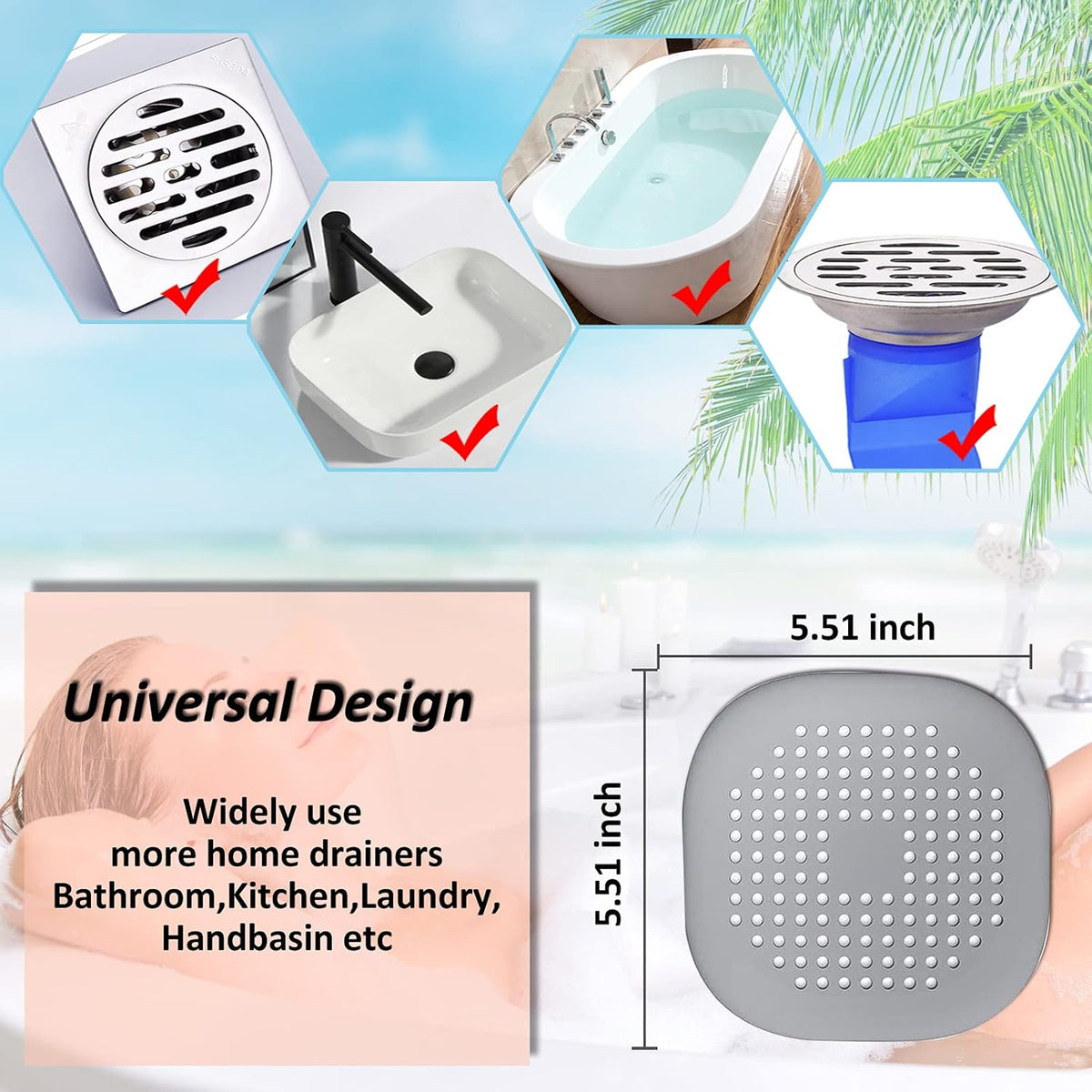 Bovinde Hair Drain Catcher,Square Cover for Shower 2 Pack (Sliver Grey)