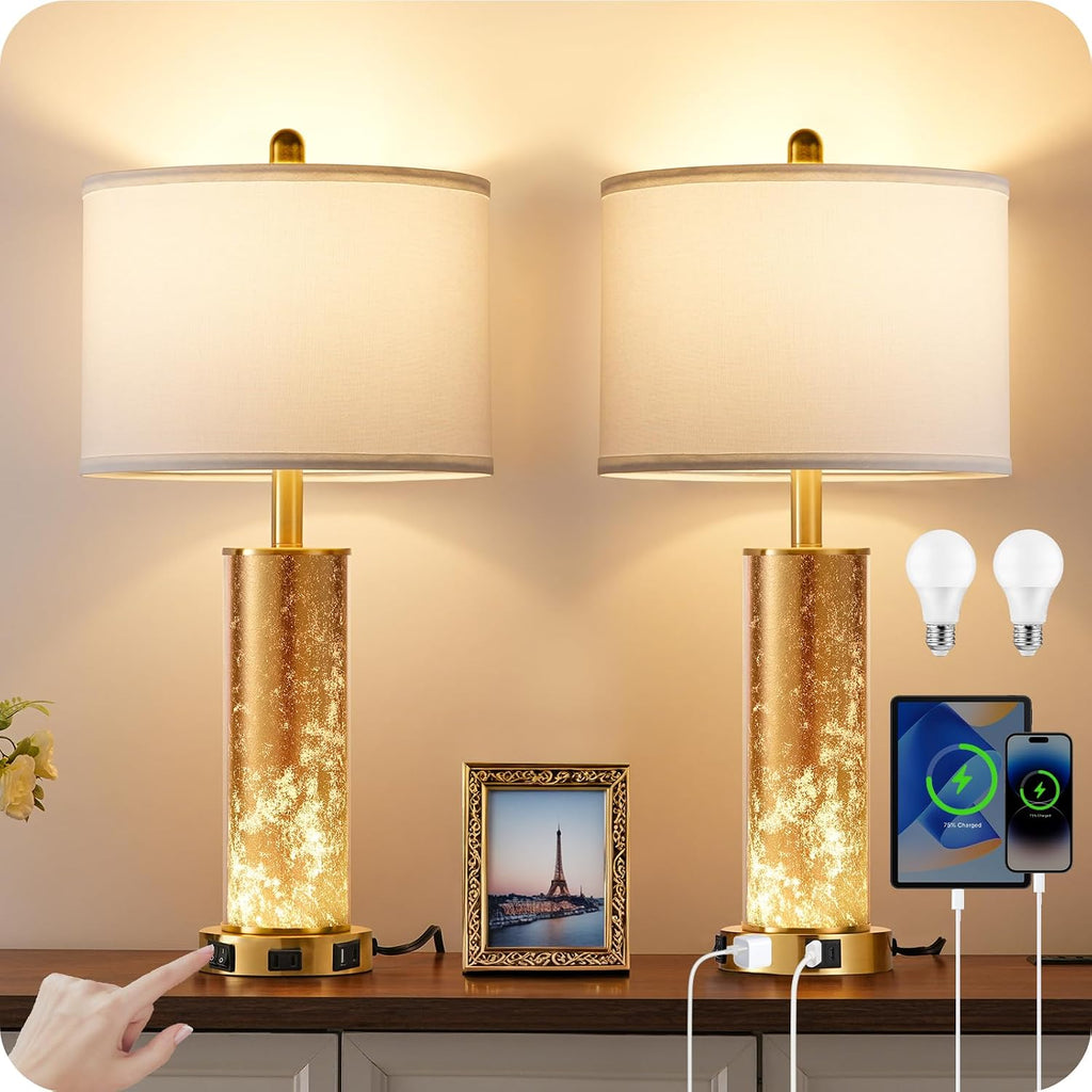 25.6" Gold Table Lamps Set of 2, Tall Bedside Lamps with Nightlight, Modern Nightstand Lamp with USB Ports, Desk Lamp for Bedroom, Living Room, Office, LED Bulbs Included W01TL05