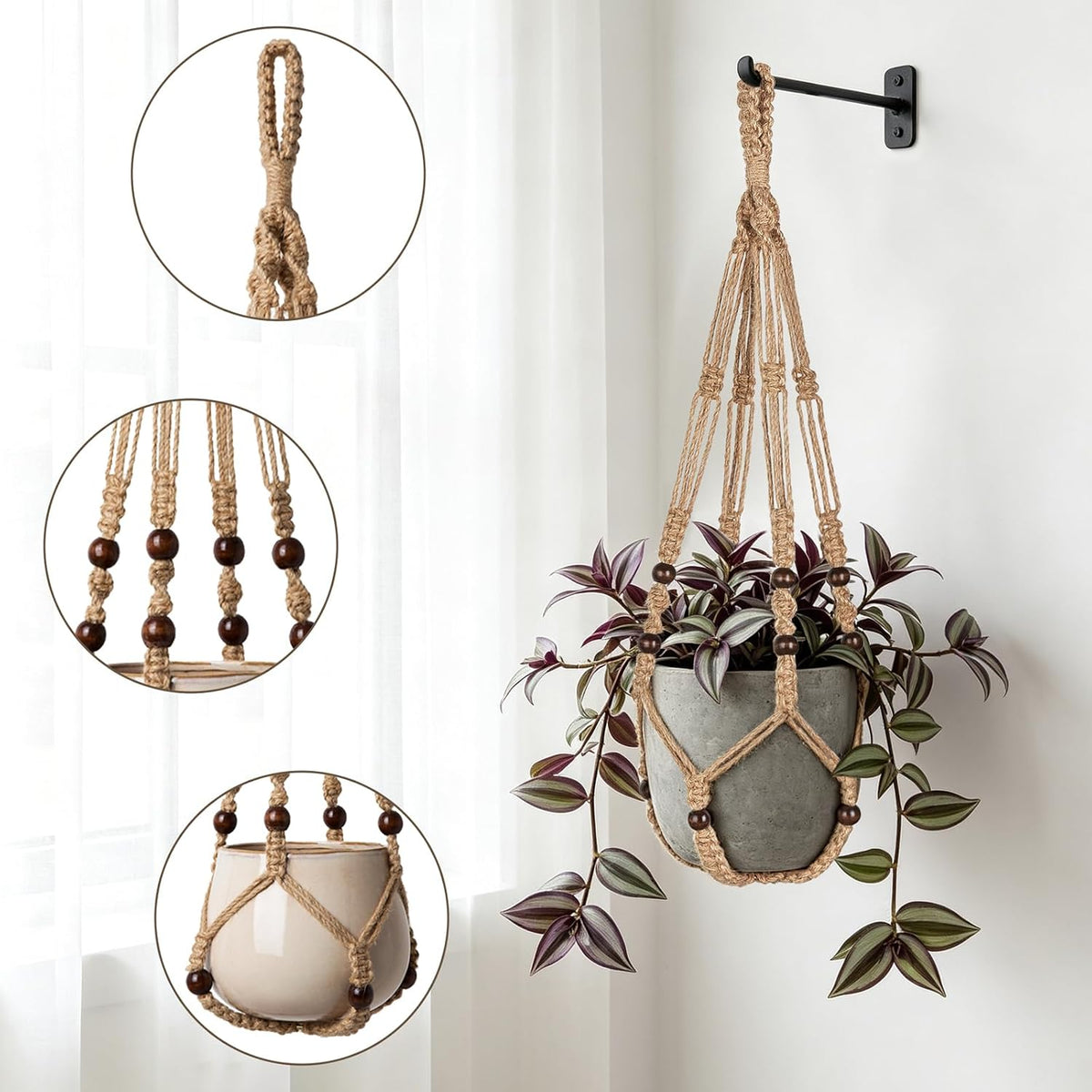 Mkono Macrame Plant Hanger Indoor, 29 Inch Hanging Planter Holder Brown