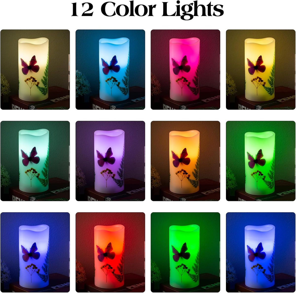 LED Candles Flameless Battery Operated with Remote Timer 6'' Tealight Butterfly & Plants Decor Real Wax Electric Candle Lights 12 Color Changing for Home&Kitchen Indoor/Outdoor Party
